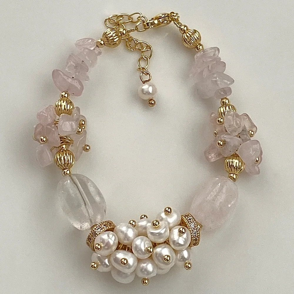 GP30b-Handmade Rose Quartz And Freshwater Pearl Bracelet - Picture 2 of 4